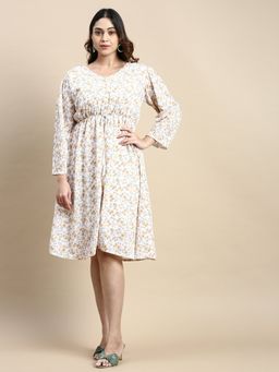 SHOWOFF - Womens V-Neck Off White Floral Fit and Flare Dress