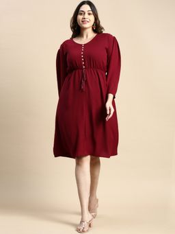 SHOWOFFFF - Womens V-Neck Burgundy Solid Fit and Flare Dress