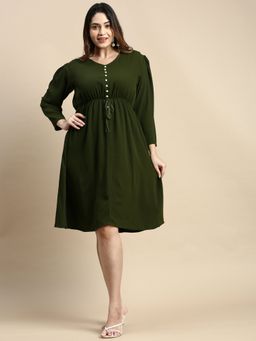 SHOWOFF - Womens V-Neck Olive Solid Fit and Flare Dress