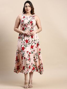 SHOWOFFFF - Womens Round Neck No Sleeves Peach Floral Fit and Flare Dress