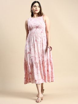 SHOWOFF - Womens Round Neck No Sleeves Pink Floral Fit and Flare Dress