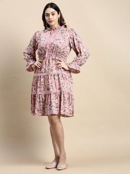 SHOWOFF - Womens Tie Up Neck Pink Floral Fit and Flare Dress