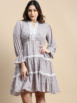 SHOWOFF - Womens Tie Up Neck Purple Floral Fit and Flare Dress