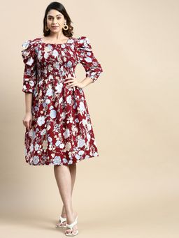 SHOWOFFFF - Womens Square Neck Maroon Floral Fit and Flare Dress