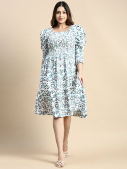 SHOWOFF - Womens Square Neck Blue Floral Fit and Flare Dress