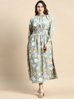 SHOWOFF - Womens High Neck Sea Green Floral Fit and Flare Dress