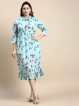 SHOWOFF - Womens Tie Up Neck Sea Green Printed Fit and Flare Dress