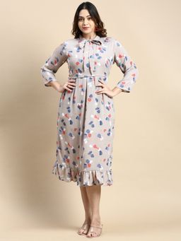 SHOWOFF - Womens Tie Up Neck Taupe Printed Fit and Flare Dress