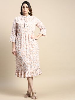 SHOWOFF - Womens Tie Up Neck Regular Sleeves Brown Bohemian Fit and Flare Dress