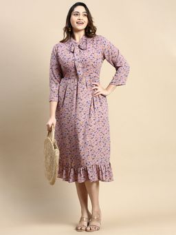 SHOWOFF - Womens Tie Up Neck Purple Floral Fit and Flare Dress