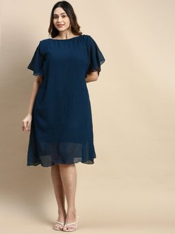 SHOWOFF - Womens Boat Neck Flared Sleeves Teal Solid A-Line Dress