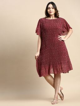 SHOWOFF - Womens Round Neck Flared Sleeves Printed A-Line Dress