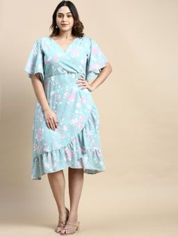 SHOWOFF - Womens V-Neck Flared Sleeves Sea Green Floral Wrap Dress