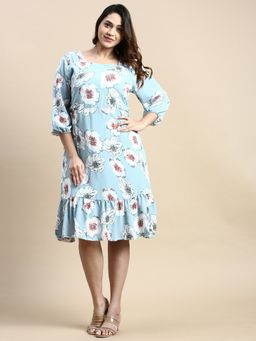 SHOWOFF - Womens Square Neck Blue Floral Fit and Flare Dress