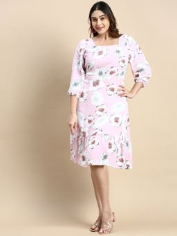 SHOWOFFFF - Womens Square Neck Pink Floral Fit and Flare Dress