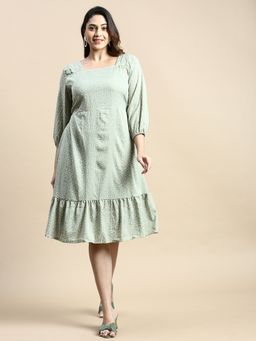 SHOWOFF - Womens Square Neck Green Printed Fit and Flare Dress