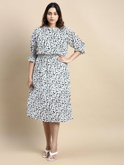 SHOWOFF - Womens Round Neck White Geometric Fit and Flare Dress