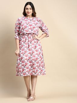 SHOWOFFFF - Womens Round Neck Pink Geometric Fit and Flare Dress
