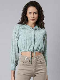 SHOWOFF - Womens Collar Printed Sea Green Shirt Style Crop Top