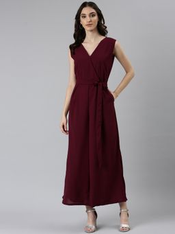SHOWOFFFF - Womens V-Neck Solid Wine Jumpsuit