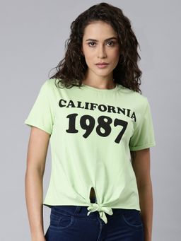 SHOWOFFFF - Womens Round Neck Printed Green Regular Top