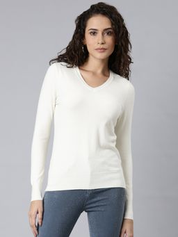 SHOWOFF - Womens V-Neck Solid Off White Regular Top