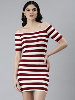 SHOWOFF - Womens Striped Bodycon White Maroon Above Knee Dress