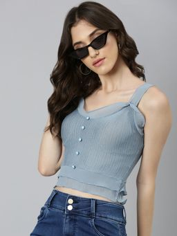SHOWOFF - Womens Shoulder Straps Solid Blue Fitted Crop Top