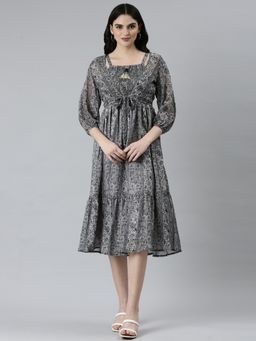 SHOWOFF - Womens Shoulder Straps Printed Fit and Flare Grey Knee Length Dress (Set of 2)