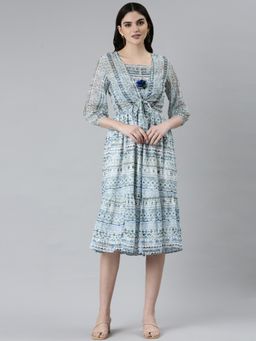 SHOWOFF - Womens Shoulder Straps Printed Fit and Flare Blue Knee Length Dress (Set of 2)