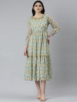 SHOWOFF - Womens Midi Round Neck Printed Sea Green Fit and Flare Dress (Set of 2)