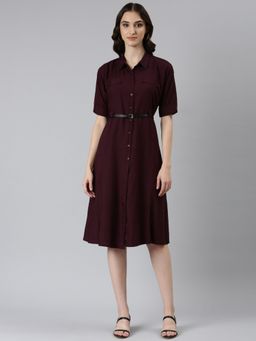 SHOWOFF - Womens Shirt Collar Solid Burgundy A-Line Dress (Set of 2)