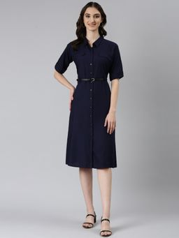 SHOWOFF - Womens Shirt Collar Solid Navy Blue A-Line Dress (Set of 2)