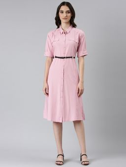 SHOWOFF - Womens Shirt Collar Solid Pink A-Line Dress (Set of 2)
