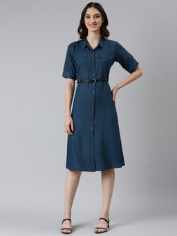 SHOWOFF - Womens Shirt Collar Solid Teal A-Line Dress (Set of 2)