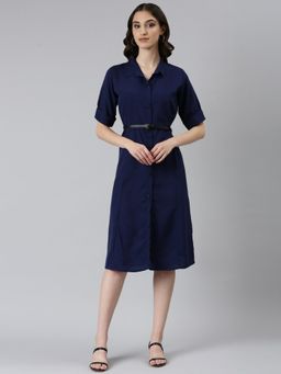 SHOWOFF - Womens Knee Length Shirt Collar Solid Navy Blue Dress (Set of 2)