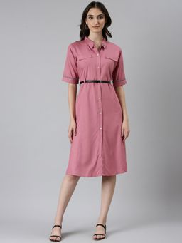SHOWOFF - Womens Collar Solid Shirt Pink Knee Length Dress (Set of 2)