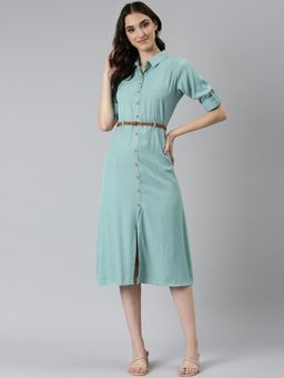 SHOWOFFFF - Womens Collar Solid Shirt Sea Green Knee Length Dress (Set of 2)