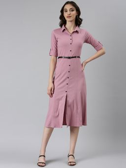 SHOWOFF - Womens Shirt Collar Solid Pink A-Line Dress (Set of 2)