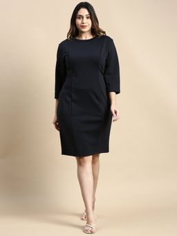 SHOWOFF - Womens Round Neck Regular Sleeves Navy Blue Solid A-Line Dress