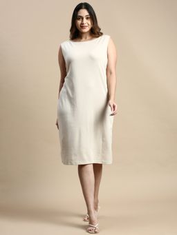 SHOWOFF - Womens Boat Neck No Sleeves Cream Solid A-Line Dress