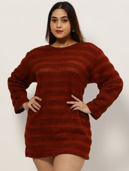 SHOWOFFFF - Womens Round Neck Regular Sleeves Rust Self Design A-Line Dress