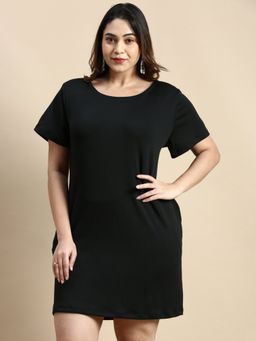 SHOWOFF - Womens Round Neck Regular Sleeves Black Solid A-Line Dress