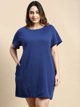 SHOWOFF - Womens Round Neck Regular Sleeves Blue Solid A-Line Dress
