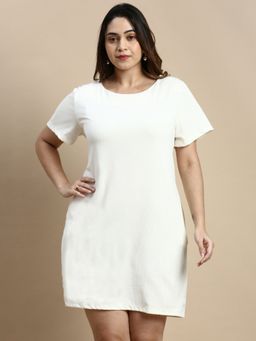 SHOWOFF - Womens Round Neck Regular Sleeves Cream Solid A-Line Dress