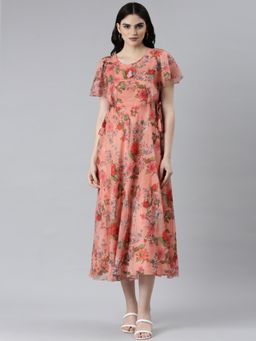 SHOWOFF - Womens Midi Round Neck Printed Peach Fit and Flare Dress