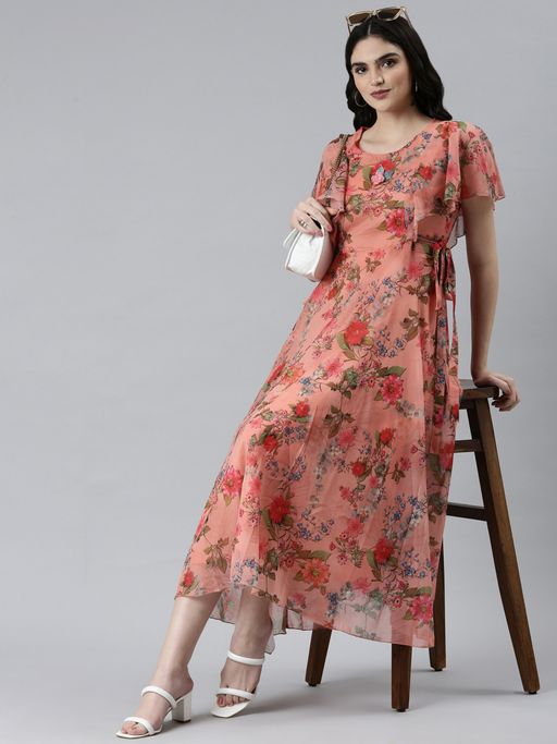 green emerald velvet dress Mitrika Peach Cotton Tiered A-Line Fit & Flare Midi Dress main image 1