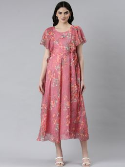 SHOWOFF - Womens Round Neck Printed Fit and Flare Pink Midi Dress