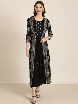 SHOWOFFFF - Womens Round Neck Ankle Length Embroidered Black Anarkali Dress (Set of 2)