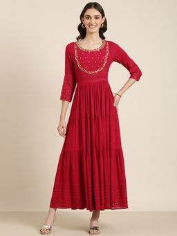 SHOWOFF - Womens Round Neck Maxi Solid Maroon Fit and Flare Dress